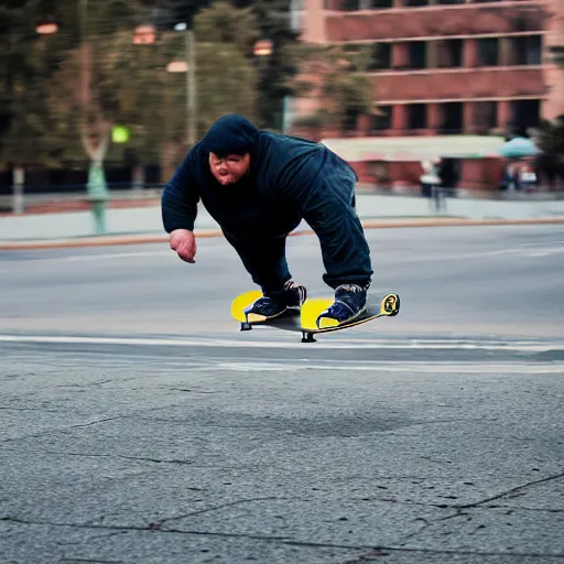 Image similar to obese man falling off of a skateboard, hyper realistic, sony 5 0 mm lens