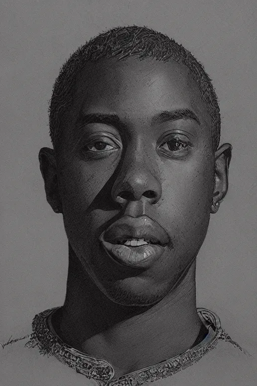 Prompt: portrait of tyler the creator, pen and ink, intricate line drawings, by craig mullins, ruan jia, kentaro miura, greg rutkowski