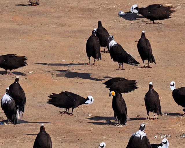 Image similar to cartoonish vultures feeding on carrion in the desert, caricature, surreal, colorful