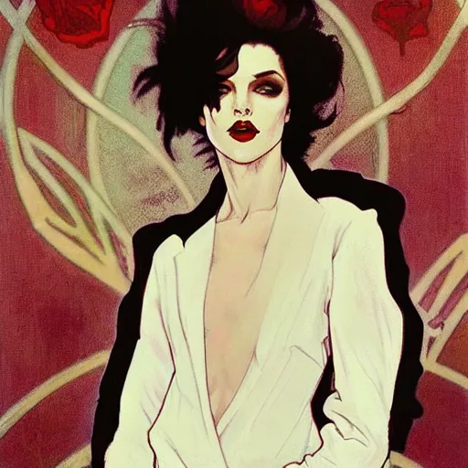 Image similar to beautiful portrait of androgynous ruby rose as desire from sandman in a white tuxedo!!!, rockabilly style,, by alphonse mucha, by jeremy mann, by peter lindbergh, cedric peyravernay, by frank moth, white suit and black tie, soft lightning, high detailed, 8 k