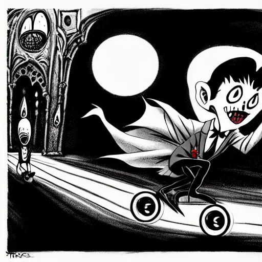 Prompt: black and white trippy comic art of dracula the vampire vampire vampire roller skating on roller skates, drawn by martin rowson, tim burton, studio ghibli, alex pardee, nekro petros afshar, james mcdermott, cgsociety 4 k