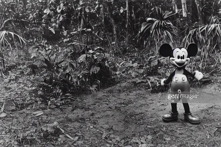 Prompt: a 1 9 0 5 colonial closeup photograph of mickey mouse in a village at the river bank of congo, thick jungle, wide angle shot