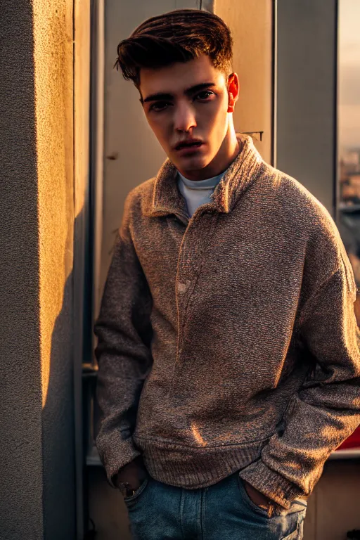 Image similar to un ultra high definition studio quality fashion editorial photographic portrait of a young man standing on the rooftop of an apartment building wearing all eclectic soft clothes. wide angle. three point light. extremely detailed. golden hour, golden ratio, ray tracing, volumetric light, shallow depth of field. set dressed.