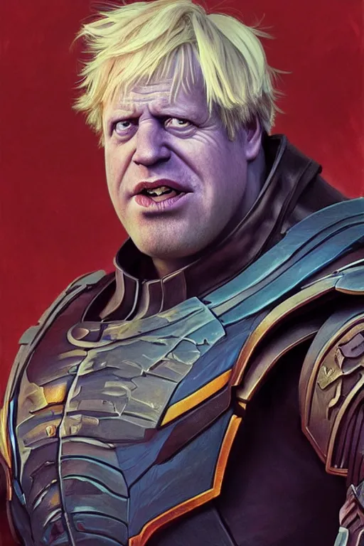 Image similar to Boris Johnson as Thanos, highly detailed character in digital fantasy, painted portrait, artstation, concept art, hard focus, illustrations, works by Artgerm and Greg Rutkowski, Alphonse Mucha and Craig Mullins, James Gene, Andrey Ryabovichev, Mark Simonetti and Peter Morbacher, 16 thousand