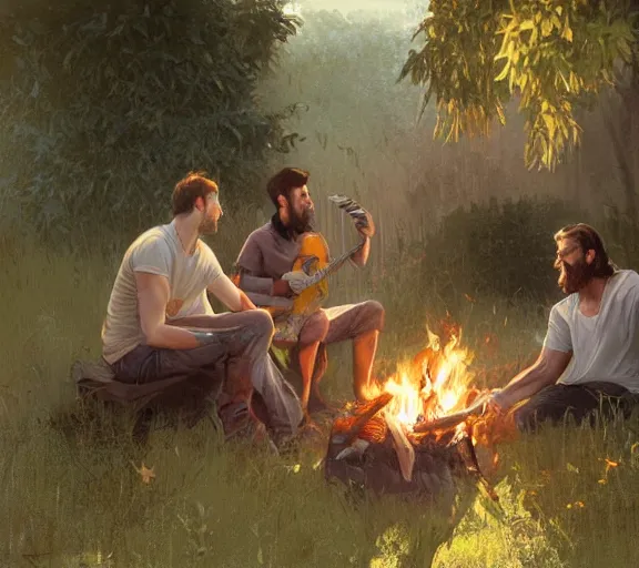 Image similar to three guys talking in the backyard with a barbecue and a bonfire, one guy playing guitar, evening, artstation, concept art, smooth, sharp focus, illustration, art by and greg rutkowski and alphonse mucha