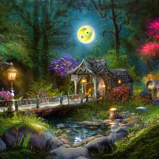 Image similar to painting, high detail, woodland village, night, fantasy, crescent moon, stone paths, bridge, water stream, luminous, toadstools, fireflies, fantasy,, flowers, lanterns, mist, highly detailed painting, fine lines, 8 k realistic, sharp focus