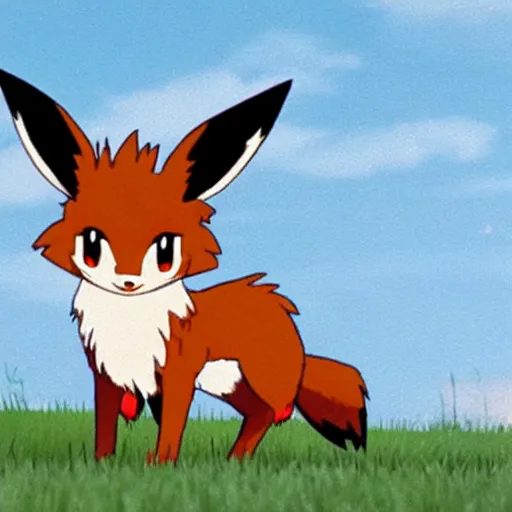 Prompt: 📷 Eevee, the fox-like evolution Pokemon, it looks at you curiously from a grassy field ✨