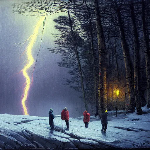 Image similar to a beautiful painting of group of climbers, extreme cold, storm, octane rendering, grim, dark, gloomy, cruel, volumetric lightning, hyperrealism, no blur, 4 k resolution, ultra detailed, style of john atkinson grimshaw, ivan shishkin, tyler edlin, scott listfield, eric zener