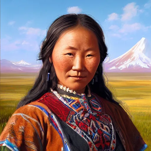 Prompt: portrait of a tuvans woman ( 3 5 ) from tuva, siberia, russia in 2 0 2 1, an oil painting by ross tran and thomas kincade