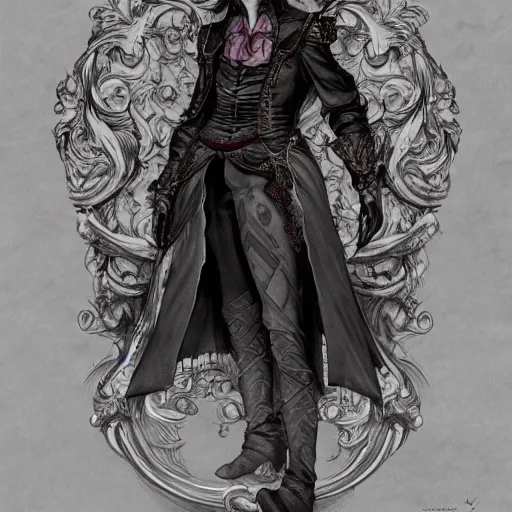 Image similar to a man grinning, baroque style, elegant, beautiful, mesmerizing, concept art, fancy clothing, highly detailed, artstation, behance, deviantart, inspired by innocent manga, inspired by castlevania concept art, trending, ayami kojima, shinichi sakamoto