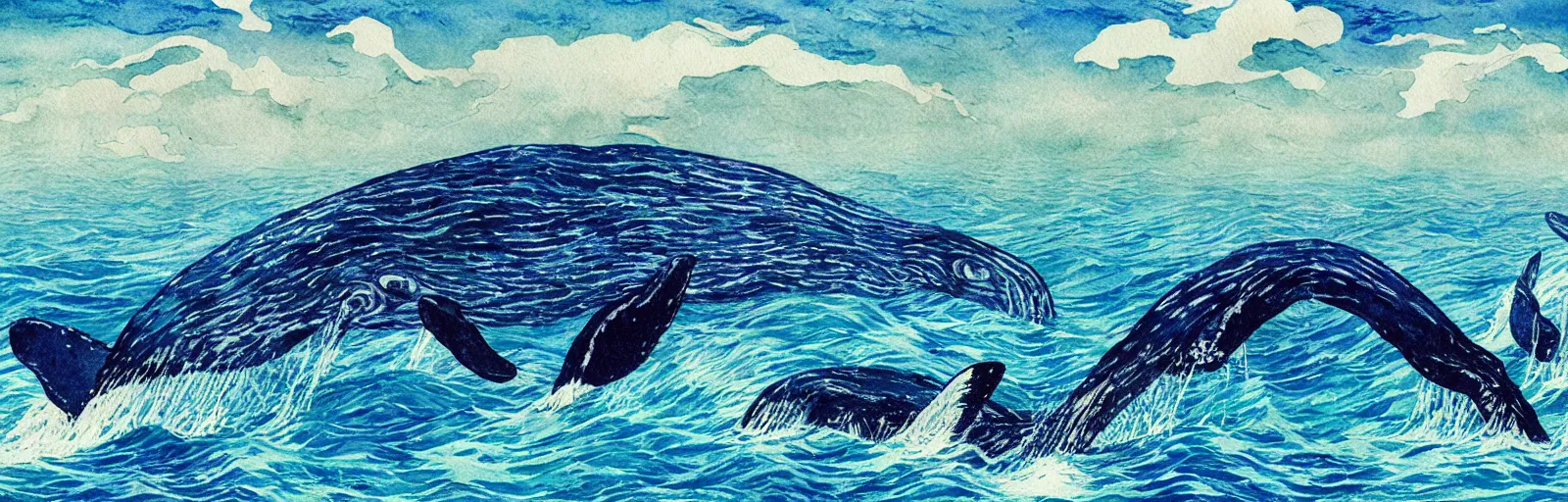 Prompt: whales in the ocean, aesthetically pleasing composition, watercolor painting by hayao miyazaki and vincent van gogh and national geographic, masterful, sharp focus, rich texture, rich vivid color, dynamic, energetic, lively, perspective, elegant design, high detail, hdr.