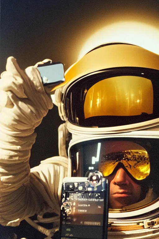 Image similar to extremely detailed studio portrait of space astronaut taking a selfie, holds a smart phone in one hand, phone!! held up to visor, reflection of phone in visor, moon, extreme close shot, soft light, golden glow, award winning photo by letizia battaglia