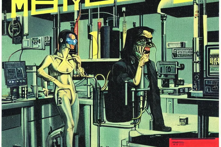 Image similar to 1979 OMNI Magazine Cover depicting a Mr Hyde standing in a laboratory. Cyberpunk Akira style by Vincent Di Fate