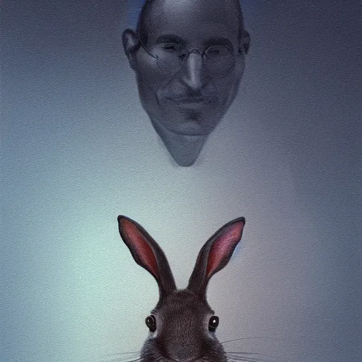 Image similar to rabbit that looks like steve jobs, by zdzislaw beksinski, by tiffany bozic, cold hue's, warm tone gradient background, concept art, beautiful composition, digital painting