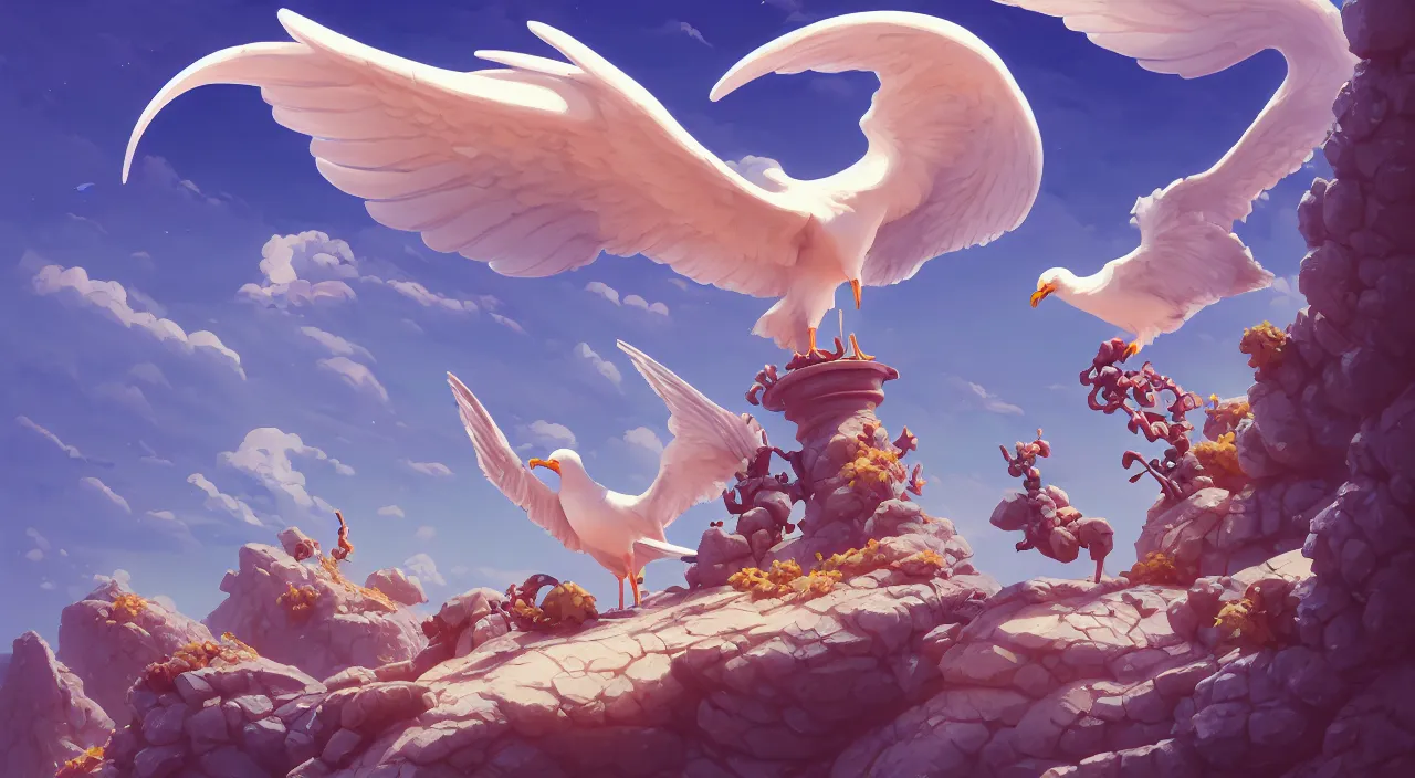 Image similar to painting of hiperborea seagull statue and hill valley Nordic temple of olympus glory hogweed plant grow flower ,in marble incrusted of legends heartstone official fanart behance hd by Jesper Ejsing, by RHADS, Makoto Shinkai and Lois van baarle, ilya kuvshinov, rossdraws global illumination