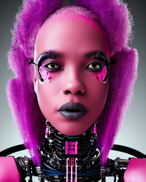 Image similar to portrait of a beautiful black woman with pink hair as a cyberpunk cyborg half robot, revealing wires and electronics, hooked - up, sci - fi, missing panels, intricate abstract upper body intricate artwork, concept art, octane render, deviantart, cinematic, key art, hyperrealism, iridescent accents, portrait photograph, nikon 3 5 mm, photograph by greg rutkowski