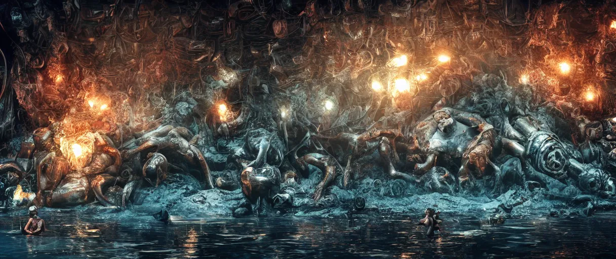 Prompt: baron harkonnen floats above a pool of the mods of stable diffusion immersed in black oil, screaming, as parts of the bodies melt into the oil like sludge, designed by moebius yasushi nirasawa, hdr, 8 k, bokeh, octane render, mist, sanitarium hrgiger background