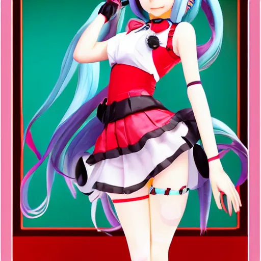 Prompt: Hatsune Miku full body pin up modeling a vocaloid idol unioform,with a park in the back ground,post war style,detailed face