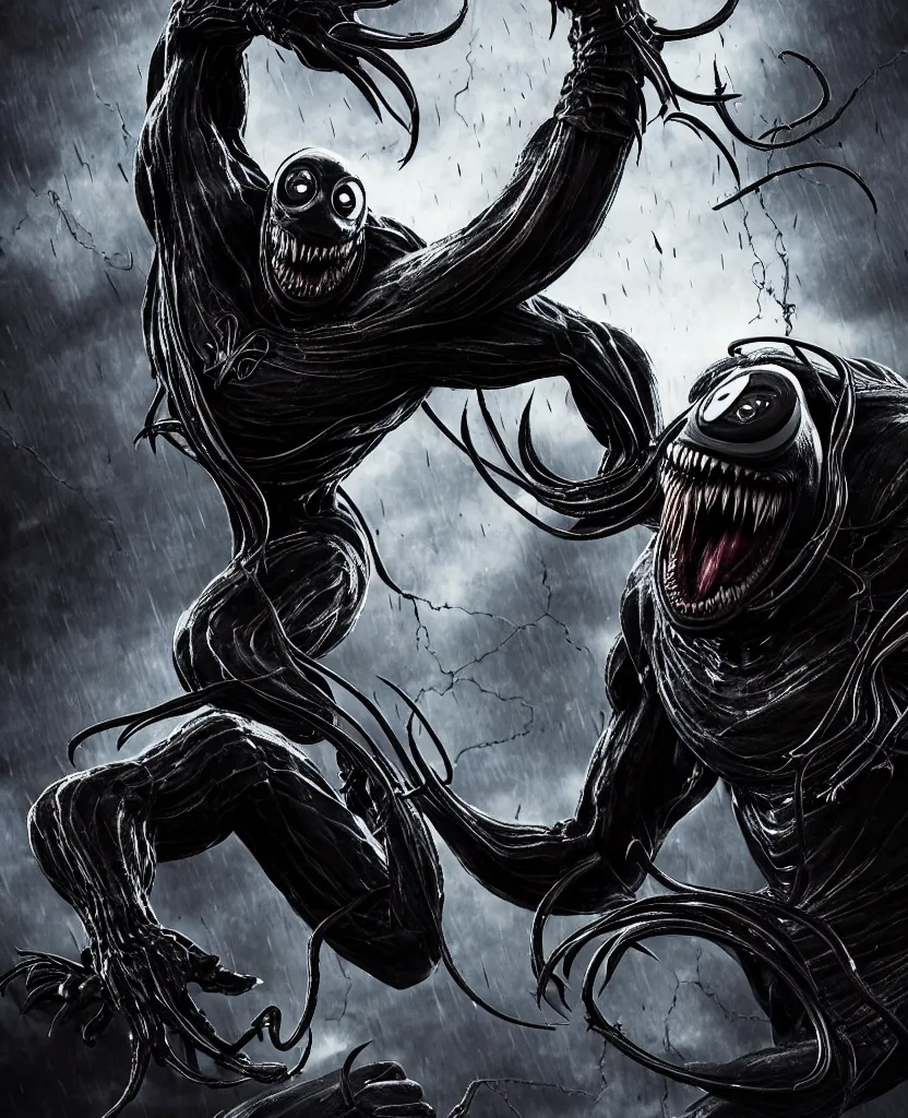 Prompt: A Minion from Despicable Me cast as Venom, still from marvel movie, hyperrealistic, 8k, Octane Render, dark colors, sinister atmosphere, dramatic lighting, cinematic, establishing shot, extremely high detail, photo realistic, cinematic lighting, pen and ink, intricate line drawings, by Yoshitaka Amano, Ruan Jia, Kentaro Miura, Artgerm, post processed, concept art, artstation, matte painting, style by eddie mendoza, raphael lacoste, alex ross
