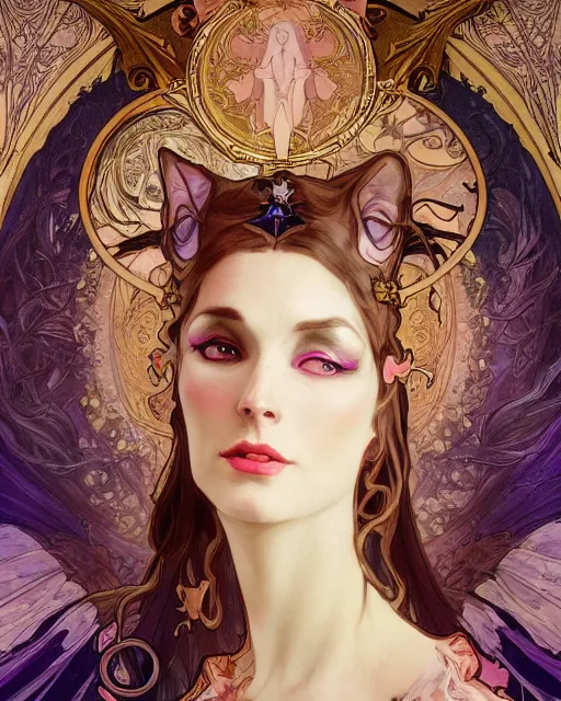 Image similar to wlop and alfons mucha detailed portrait digital rococo painting of a beautiful serious cat wearing fantasy clothing like liliana vess, villainess has black angel wings, evil mood, hellish battlefield in the background, unreal engine, embers flying, hyper realism, realistic shading, cinematic composition, blender render, octane render, ultrawide shot