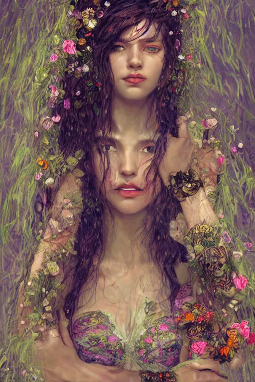 Prompt: portrait of beautiful young mainem, warhammer, cyber style, a lot of more scars, more and more flowers, the middle ages, highly detailed, artstation, illustration, artgerm sylvari portrait, 8 k quality, art by gustav klimt