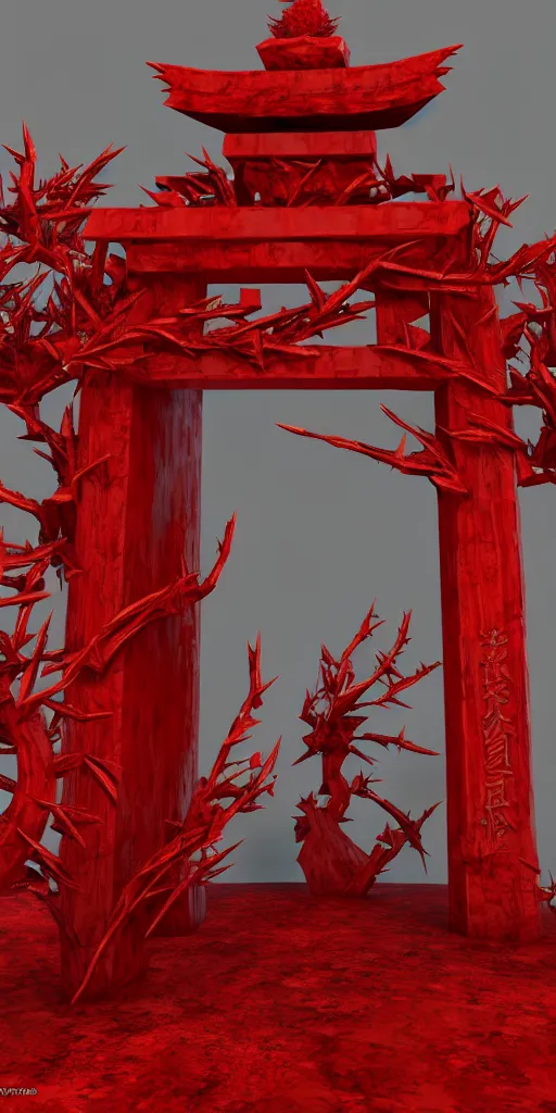 Image similar to 3 d render of a carved red torii gate infected by mushroom, sculpture, chrometype, neotribal with thorns and thunders, raytraced, volumetric lightning, 8 k, by zhelong xu, ouchh and and innate studio