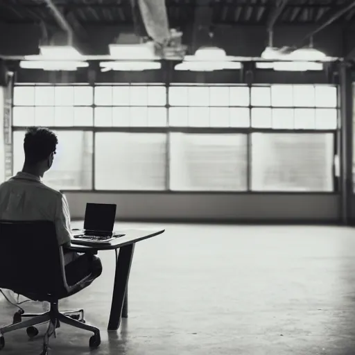 Image similar to a close up man using a laptop inside in warehouse, he sitting on chair and small table, polaroid photo, view from back