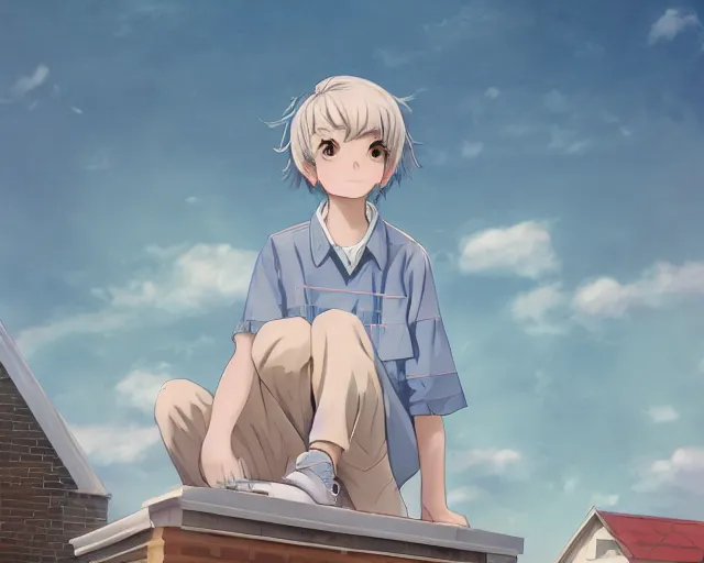 Image similar to teen standing on the roof of a building, wearing white collared shirt, back turned, looking up, illustration, by pine ( ハイネ ) and 薯 子 imoko and 香 川 悠 作 and wlop and maya takamura, highly detailed, trending artstation, pixiv, digital art