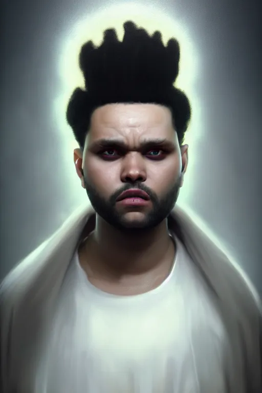 Prompt: a demonic horrific portrait of the weeknd, white eyes, bored, illustration, soft lighting, soft details, painting oil on canvas by edmund blair leighton and charlie bowater octane render, hdr, trending on artstation, 4 k, 8 k, hd