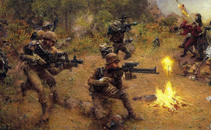 Image similar to soldiers being killed by fantasy minecraft creeper, painting by Gaston Bussiere, Craig Mullins