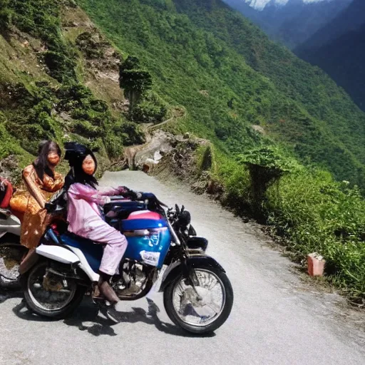 Image similar to Two japanese women riding motorbikes through the Himalayas