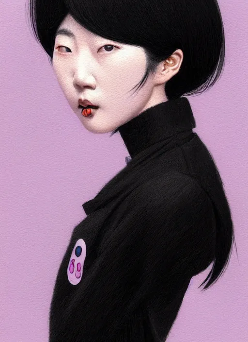 Image similar to portrait of a korean woman with a crooked nose and a confident expression, 1 9 6 0 s, black clothes, goth, punk, brightly coloured hair, funk, intricate, elegant, highly detailed, digital painting, artstation, concept art, smooth, sharp focus, illustration, art by wlop, mars ravelo and greg rutkowski