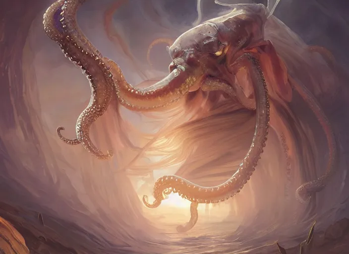 Image similar to a holy cephalopod with long powerful tentacles and a single large eye, wearing long white robe and great angelic wings, highly detailed, digital painting, artstation, concept art, matte, sharp focus, illustration, dramatic, sunset, hearthstone, art by artgerm and greg rutkowski and alphonse mucha