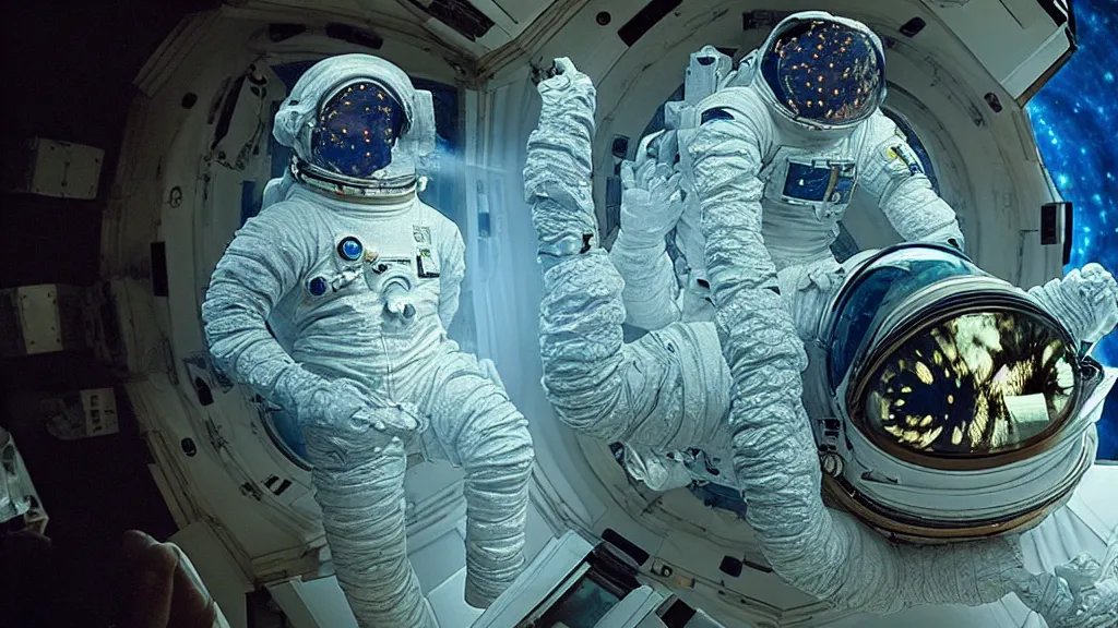 Image similar to a astronaut eva suit covered in diamond 3d fractal lace iridescent bubble 3d skin and covered with insectoid compound eye camera lenses floats through the living room, film still from the movie directed by Denis Villeneuve with art direction by Salvador Dalí, wide lens,