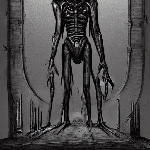 Image similar to full-body dark creepy gothic H.R. Giger realistic diagram drawing central composition a decapitated soldier with futuristic elements. he welcomes you with no head, dark dimension, empty helmet inside is occult mystical symbolism headless full-length view. standing on ancient altar eldritch energies disturbing frightening, hyper realism, 8k, sharpened depth of field, 3D