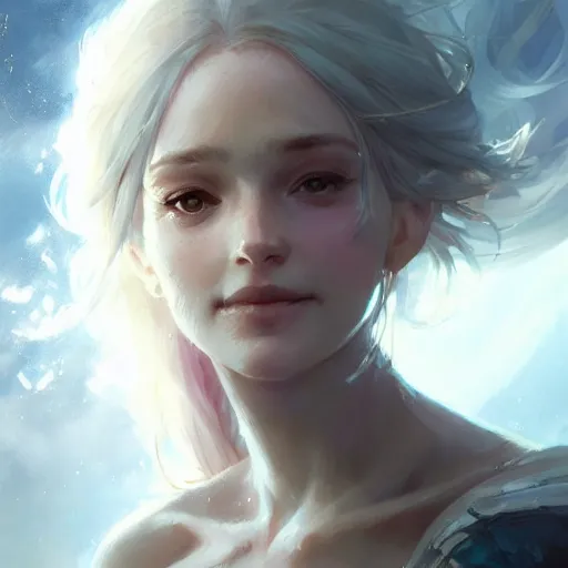 Prompt: a portrait of a beautiful smiling lady with adorable eyes, pretty eyes, beautiful eyes, looking up onto the sky, smiling, art of wlop and greg rutkowski, epic fantasy art, bright light masterpiece, ray of light through white hair