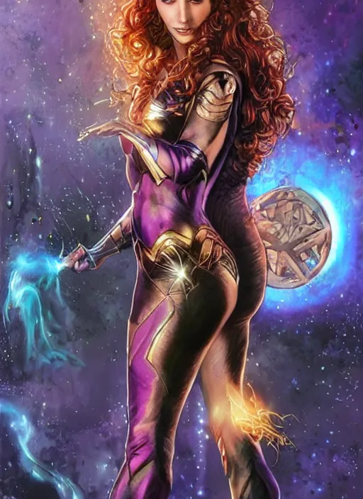 Image similar to front portrait hands behind body pose of attractive Gal Gadot as Starfire with ginger wavy hair, hands behind her body pose!, Intricate overlay flames imagery , D&D!, fantasy style, sharp focus!, ultra detailed, art by Artgerm and Peter Andrew Jones, WLUP