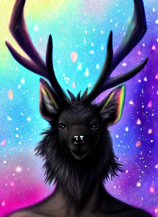 Prompt: award winning beautiful portrait commission of a male furry anthro Black Reindeer fursona with a tail, wings, wings, wings and a cute beautiful attractive detailed furry face wearing stylish black and rainbow galaxy clothes, outline, in a city at night while it rains. Character design by charlie bowater, ross tran, artgerm, and makoto shinkai, detailed, inked, western comic book art