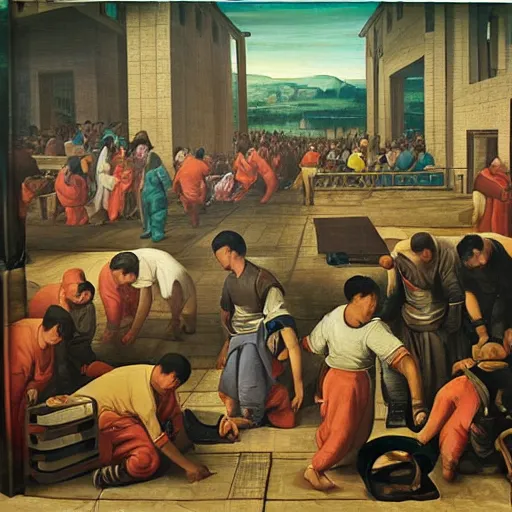 Prompt: renaissance oil painting of exploited chinese workers in an iphone manufacturing plant