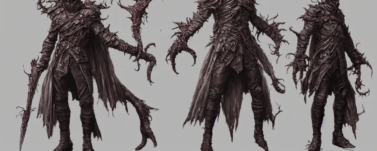 Prompt: character design, reference sheet, bloodborne 2 monster enemy boss, concept art, photorealistic, hyperdetailed, 3 d rendering!, art by leyendecker! and frazetta