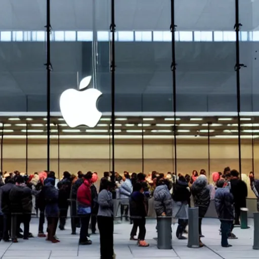 Image similar to a photo of a long line of people, outside an apple store, waiting to buy the latest apple product, city environment, morning, rainy weather, crowded streets, volumetric lighting, hyper realistic, ultra detailed, 8 k