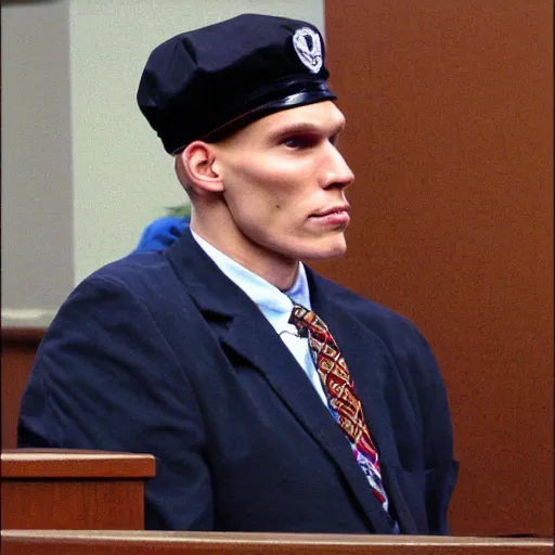 Image similar to jerma 9 8 5, still image of jerma 9 8 5 on trial, courtroom photo, courtroom interior background, detailed face