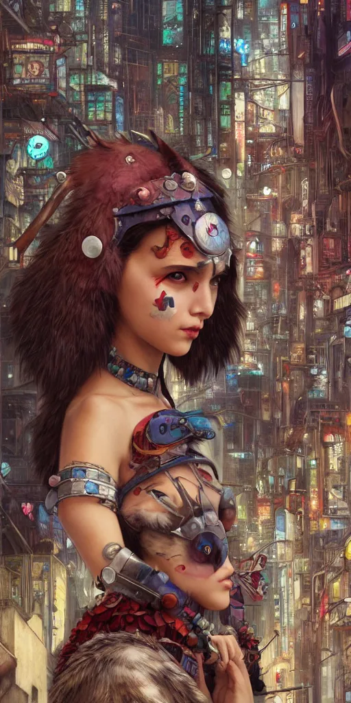 Image similar to hyper realistic Princess Mononoke with her mask, busy cyberpunk metropolis, city landscape, jewels, style of tom bagshaw, mucha, james gurney, norman rockwell, denoised, sharp