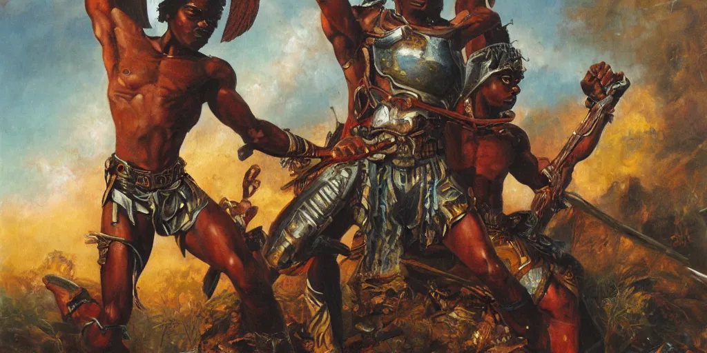 Prompt: african-american angel hoplite, fighting fantasy army, oil painting, masterpiece, sharp focus,