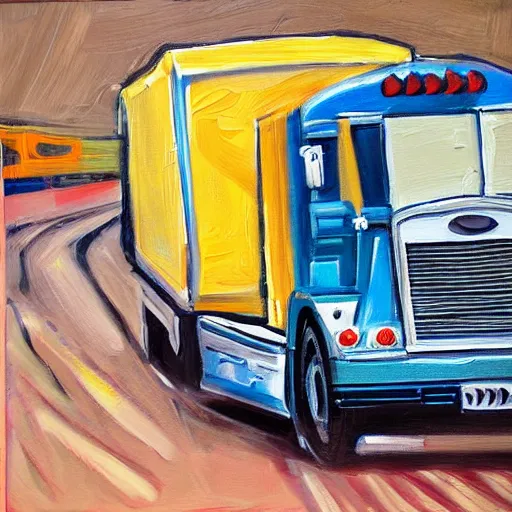 Prompt: highly detailed painting of a semi truck yelling