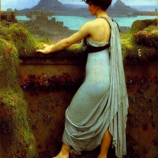 Image similar to a renaissance oil painting by alma tadema of a woman with skye blue clothes turned back on a stone balcony covered in moss with over shoulder view on desolated ruins of a city, colourful pastel artstation greg rutkowski, detailed academic bouguereau, sharp focus