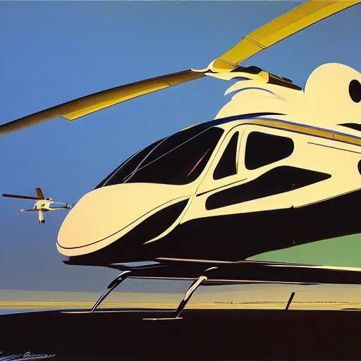 Image similar to concept art for bus + helicopter, painted by syd mead, high quality