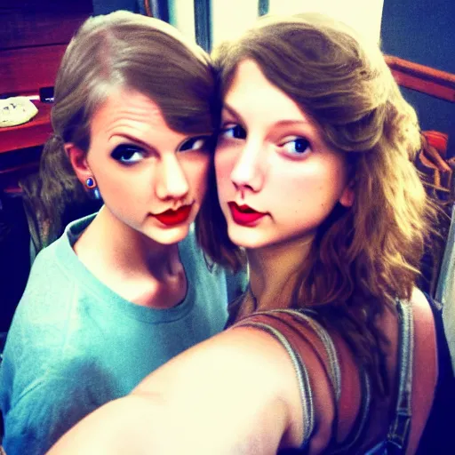 Image similar to a selfie of taylor swift and emily rudd, medium shot, detailed eyes,