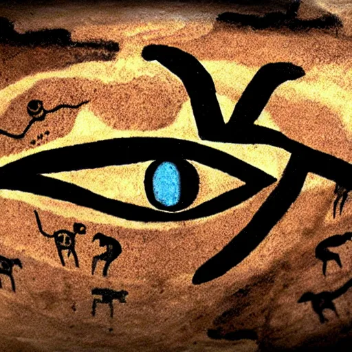 Prompt: neolithic cave painting of one eyed creature called patapon, 4 k, history channel, psp, japan studio game, art by rolito, high quality