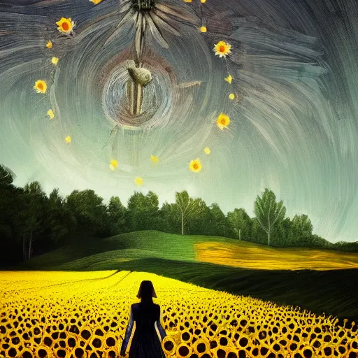 Image similar to huge sunflower face, girl walking in wheat field, hills, surreal photography, dark night, star trails, dramatic light, impressionist painting, clouds, digital painting, artstation, simon stalenhag